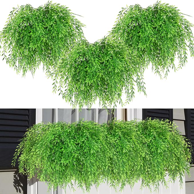 summer flower 8pcs Fake Plants Weeping Willow Artificial Greenery Stems Hanging Planter Faux Plant Indoor Home Bathroom Decor UV Resistant for Outdoor Shelf Garden Wall Front Porch Party Decorations