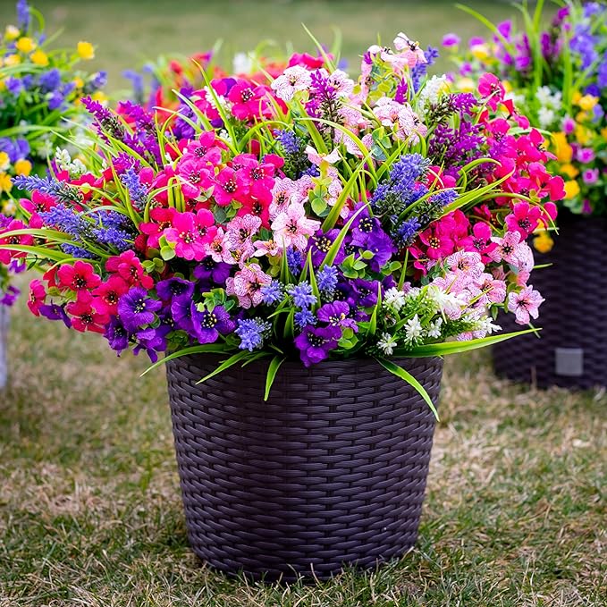 Artificial Flowers Outdoor Shrubs - 16 Bundles Fake Plants UV Resistant No Fade Faux Plastic Greenery Home Garden Porch Patio Decoration Office Indoor (1, Multi-16pcs)