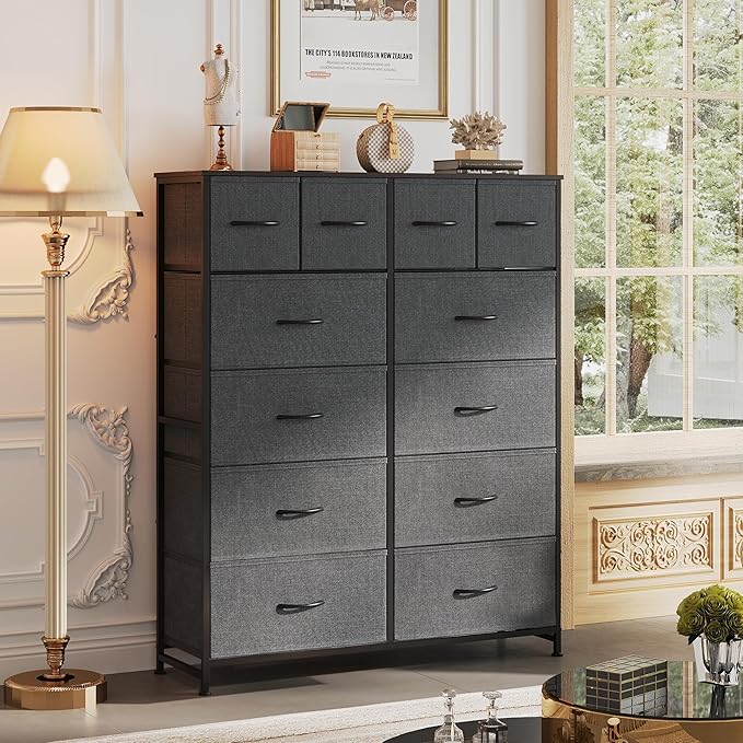 WLIVE Storage Organizer Unit with 12 Fabric Bins, Storage Drawers Organizer with Steel Frame, Tall Storage Tower Organizaton for Living Room, Hallway, Office, Dark Grey