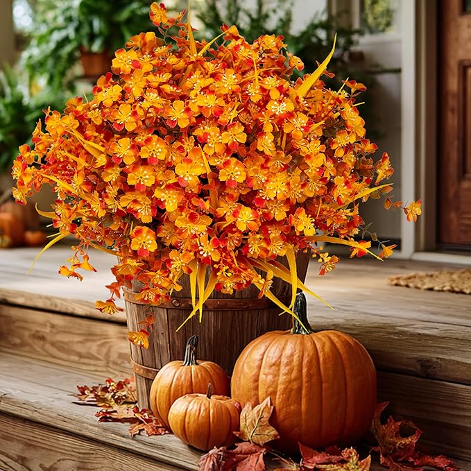 Artificial Mums for Outdoor Fall Flowers - Fake Plants UV Resistant No Fade Faux Plastic Home Decor Garden Porch Patio (1, OrangeMixed)
