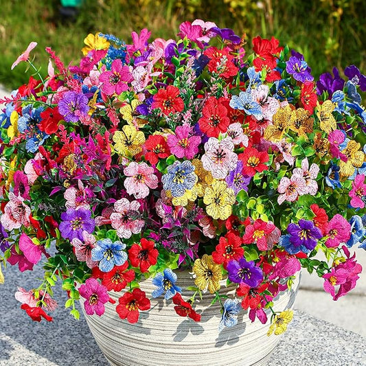 SHareconn 24 Bundles Artificial Flowers for Outdoors, Faux Plants Fake Silk Colorful Daisy Eucalyptus Lavender, UV Resistant for Outside Home Porch Patio Spring Decor, RedRosyPurpleBlueYellowPink