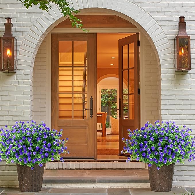 SITUMEIZI 8 Bundles Purple Artificial Flowers Outdoor Fake Flower Plastic UV Resistant Shrubs Greenery Plants Hanging Decorations Garden Porch Window Box Farmhouse Outside Summer Indoor Decor