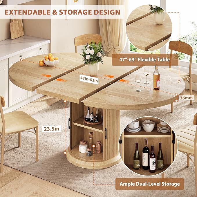 Extendable Round Kitchen Dining Room Table for 4-6 with 2-Tier Storage Shelf, 63'' Space Saving Expandable Wood Oval Circle Dinner Furniture with Pedestal Base (Natural Oka)