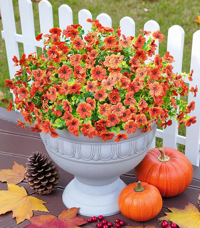 Artificial Fake Fall Mums Flowers Plants for Outdoor Outside Decoration, 12 Bundles Faux Silk Orange Daisy UV Resistant Look Real for Autumn Front Door Porch Planter Patio Garden Home