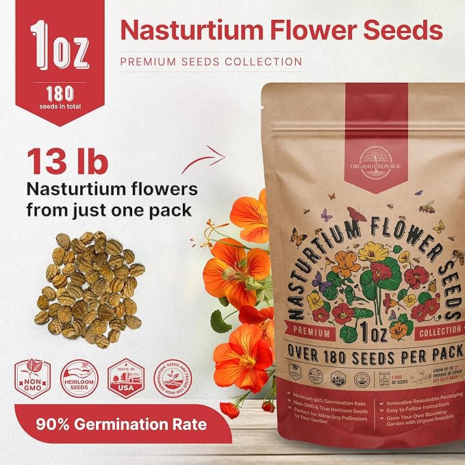 Nasturtium Seeds Pack 1 oz - Non-GMO Heirloom Flower Seeds for Planting, Edible Flowers in Individual Seed Packet, Nasturtium Seed for Planting Home Garden Indoor & Outdoor Gardening