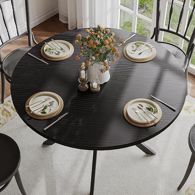 ChooChoo 47.2 Inch Round Dining Table for 4, Farmhouse Wood Kitchen Table, Circle Dinner Table for Kitchen & Dining Room, Black