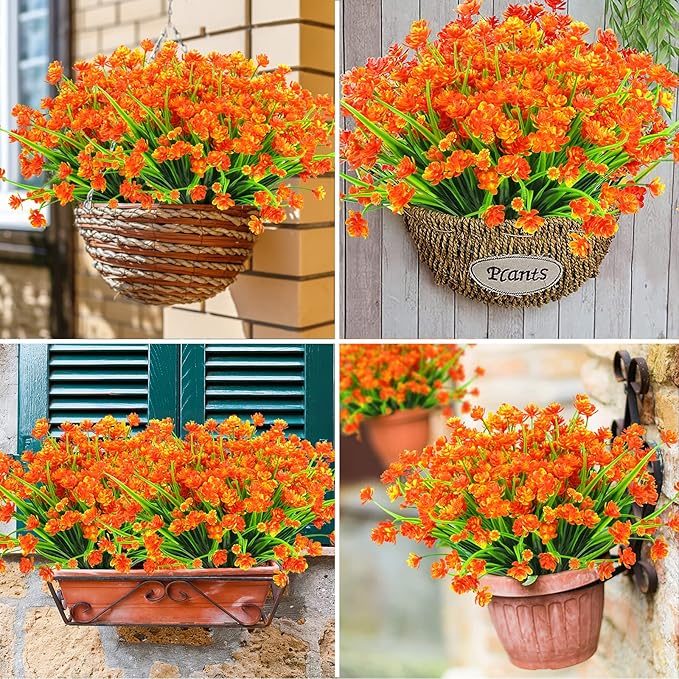 AmyHomie 20 Bundles Artificial Fall Flowers for Outdoor UV Resistant Faux Flowers No Fade Fake Plastic Plants Wildflowers Spring Flowers Garden Porch Window Box Decorating Fall Decor (Orange)