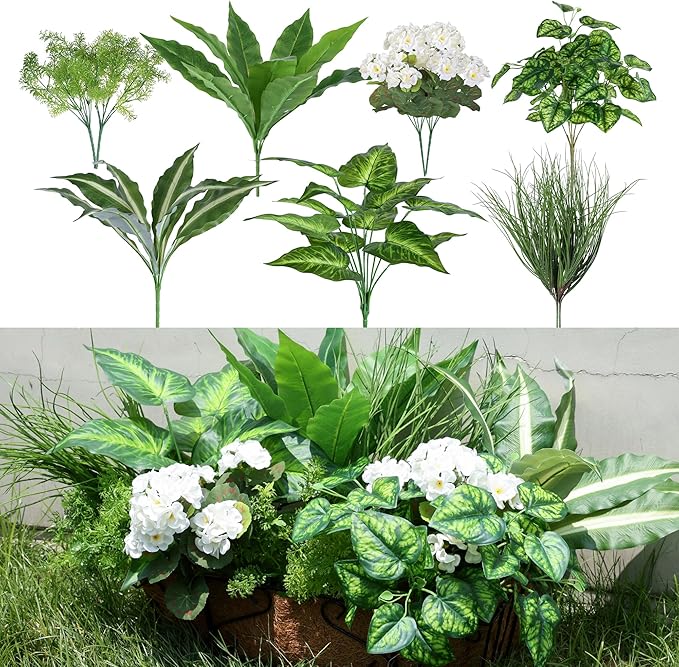 10 Bundles Artificial Greenery Plants & Flowers for Outdoor UV Resistant Fake Plants Plastic Leaves with Stems for Outside Garden Porch Decor (Mixed-White)