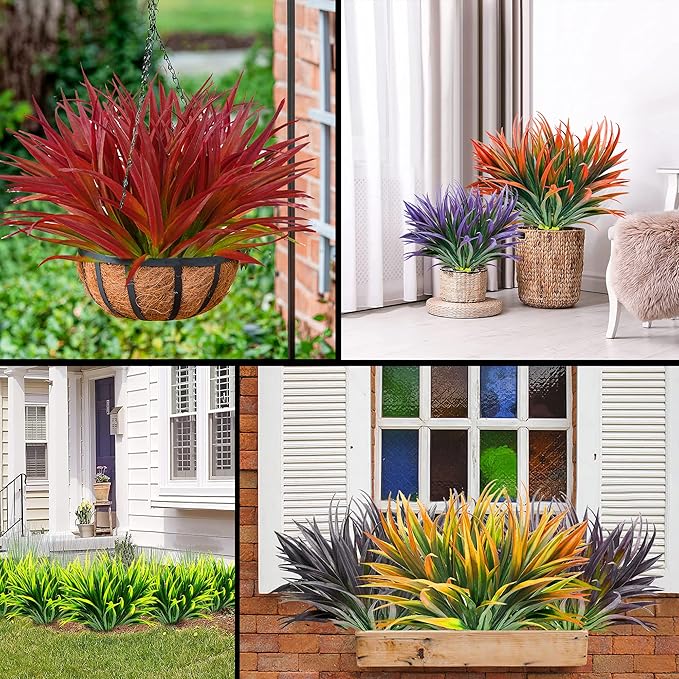 12 Pcs Artificial Outdoor Plants UV Resistant Tall Fake Grass Plants Bushes Faux Tropical Flowers Décor Fall Winter Summer Planters Patio Front Door Porch Plastic Greenery & Shrubs Decoration