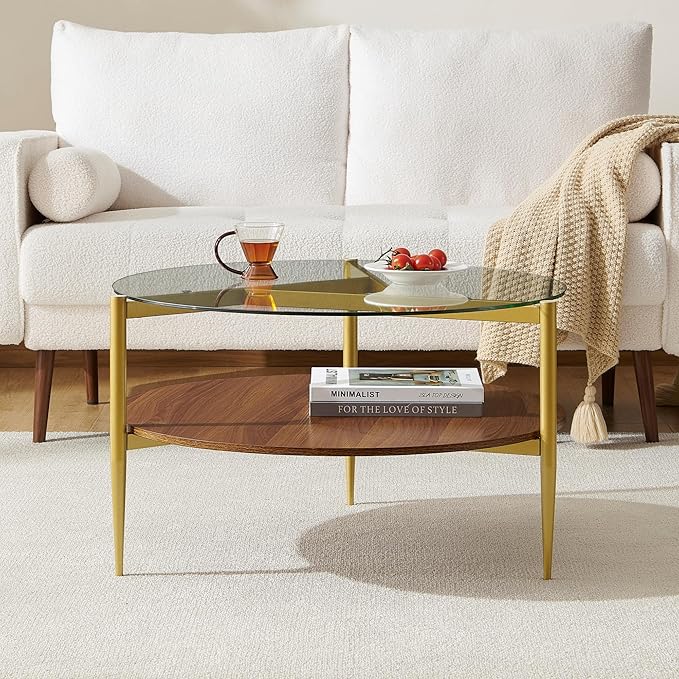 Round Coffee Table, Mid-Century Modern Design, D30*H17 inch, for Living Room, 2-Tier Structure, Clear Glass Top and Walnut MDF Shelf, Sleek Conical Metal Legs with Gold Finish