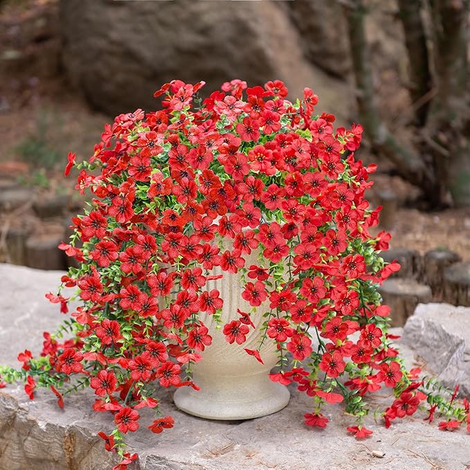 Artificial Hanging Flowers for Outdoors Faux Plants Decoration, 2 Packs Fake Silk Daisy Flower Realistic Outdoor Flowers UV Resistant Porch Patio Window Yard Outside Decor(Red)