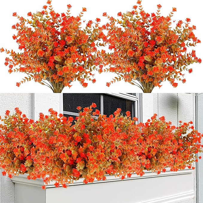 Sggvecsy 12 Bundles Artificial Flower Fall Eucalyptus Plants Fake Bushes Boxwood Shrubs Outdoor Greenery UV Resistant Faux Plastic Plants for Home Garden Indoor Fall Thanksgiving Autumn Decor (Fall)