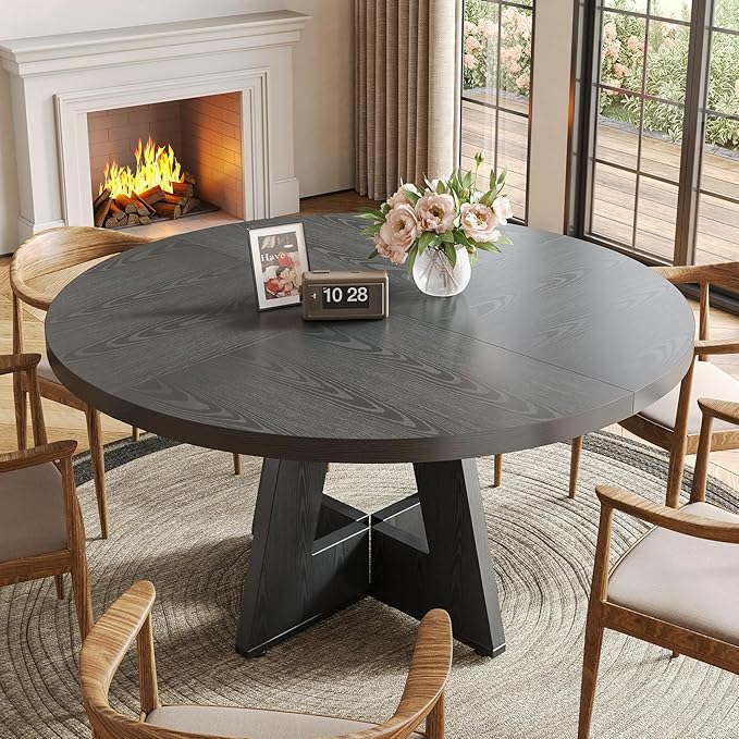 LITTLE TREE Round Dining Table for 4-6, 47 Inches with Wooden Pedestal Base, Black Dinner Table for Dining Room, Kitchen, Living Room