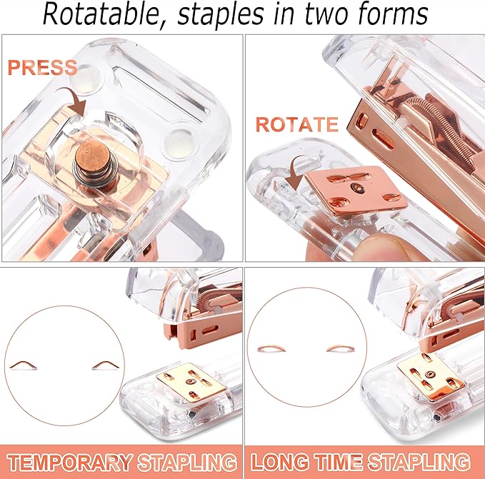 Famassi Rose Gold Desk Accessories，Office Supplies Set Acrylic Stapler Set Staple Remover, Tape Holder, 2 Ballpoint Pen, Scissor, Binder/Paper Clips and 1000pcs Staples.
