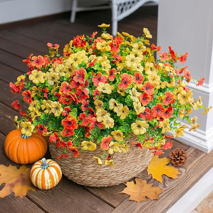 Ivydale Fall Flowers Artificial for Decoration Outdoors Fake Mums 12 Bundles Faux Planters UV Resistant Look Real for Autumn Home Porch Patio Garden Yard, Orange Yellow