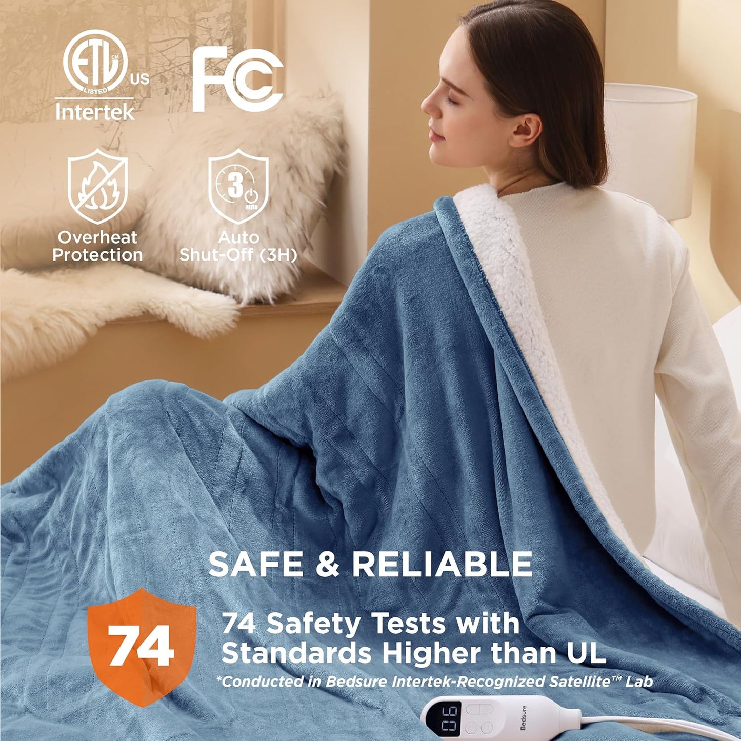 Bedsure Heated Blanket Throw Blanket - Fast Heating Electric Blanket, Soft Flannel Heated Throw with 4 Time Settings, 6 Heating Settings, Warm Gifts for Grandma (50x60 inches, Blue)