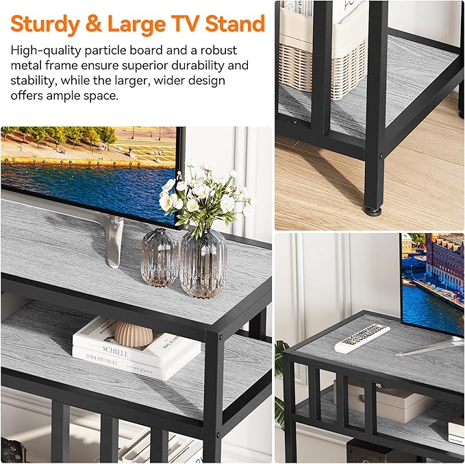 Garvee 58" TV Stand for Television up to 65 Inch, Entertainment Center with 3-Tier Open Shelves, TV Media Console Table Quadruple-Tube Support for Living Room, Entryway, Grey