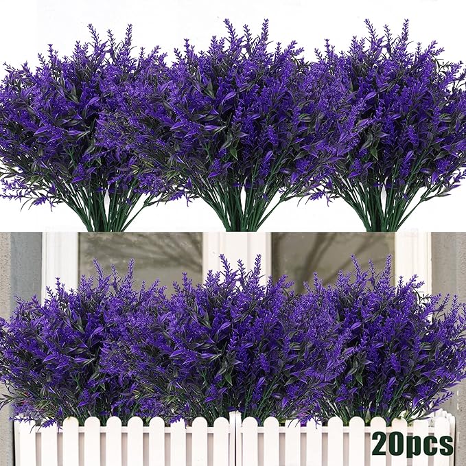 RECUTMS 20 Bundles Outdoor Artificial Flowers UV Resistant Fake Outdoor Plants, Faux Greenery for Indoor Outside Hanging Plants Garden Porch Window Box Home Wedding Farmhouse Décor(Purple)