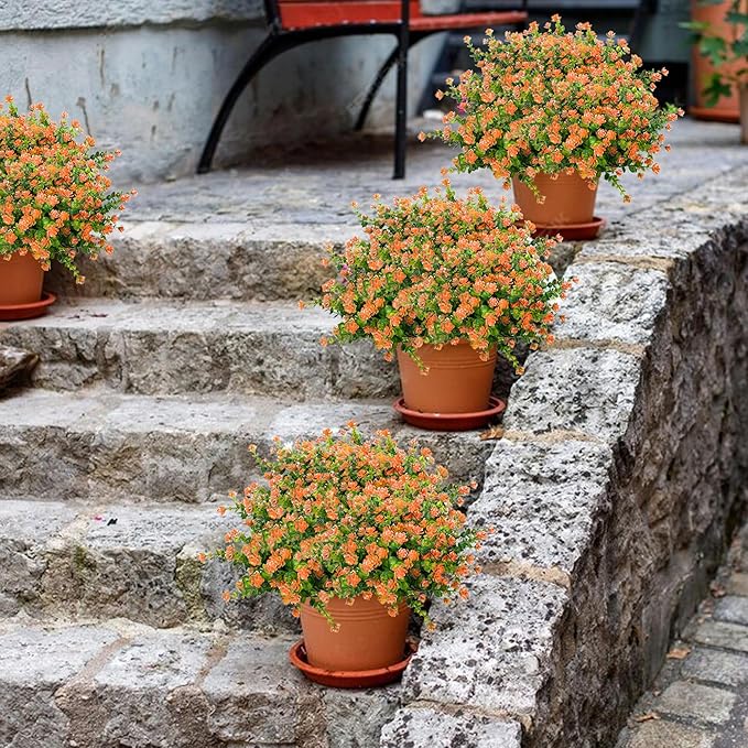 Outdoor Artificial Flowers UV Resistant, 20 Bundles Fake Realistic Floral Greenery Plants for Outside Porch, Window Boxes, Garden, Yard, Inside Home Table Decor, Orange