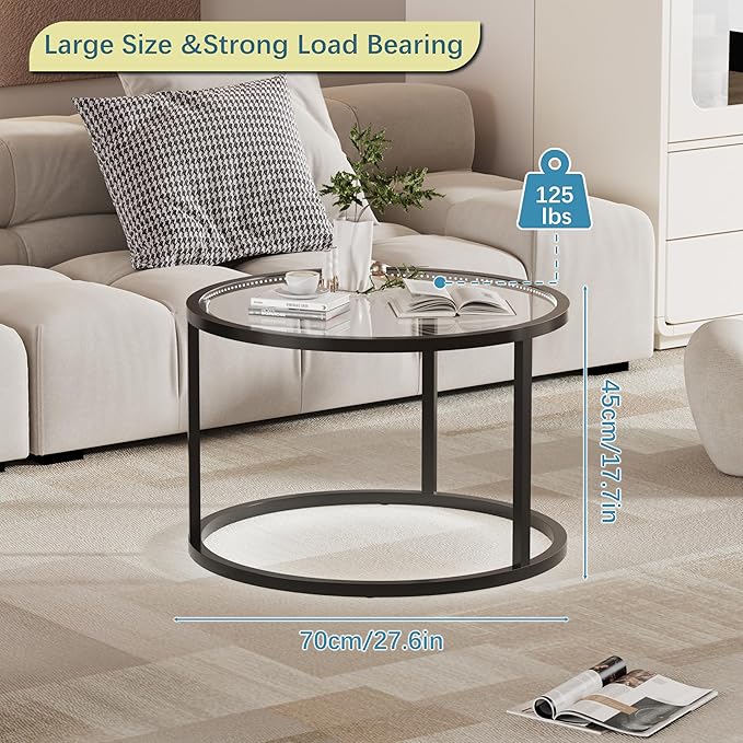 Glass Coffee Table Modern Center Table,Minimalist Round Coffee Tea Table with LED Lights,Simple Tea Cocktail Modern Center Tables for Home, Office, Bedroom,Black