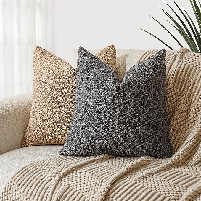 Foindtower Pack of 2 Textured Boucle Throw Pillow Covers Accent Solid Decorative Pillow Cases Cozy Woven Couch Cushion Case for Sofa Bedroom Living Room Home Decor, 18 x 18 Inch,Dark Grey