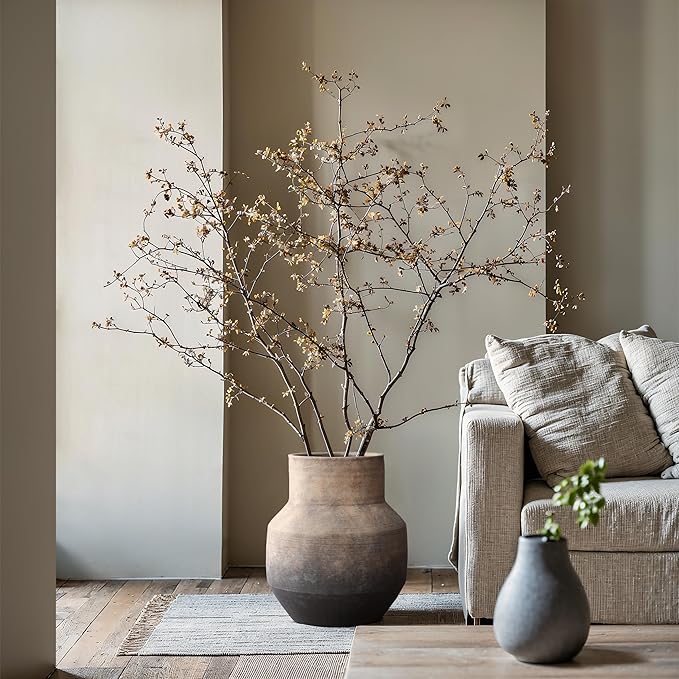 LuxenHome Round Ceramic Flower Vase, 13 Inch Brown Terracotta Vases, Vintage Large Pottery for Living Room Decor Entry Way Table Home Decor, Rustic Pottery