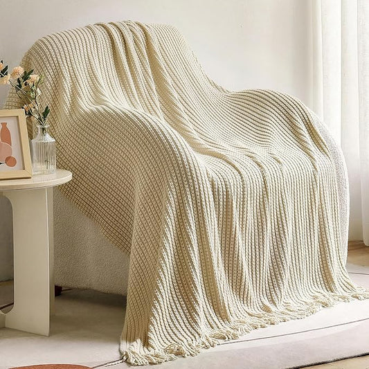 Blagic Knitted Throw Blanket for Couch,Soft Farmhouse Boho Fall Throw Blanket with Tassels,Home Decorative Lightweight, Beige Throws for Bed/Chair/Sofa, 50" W x 60" L