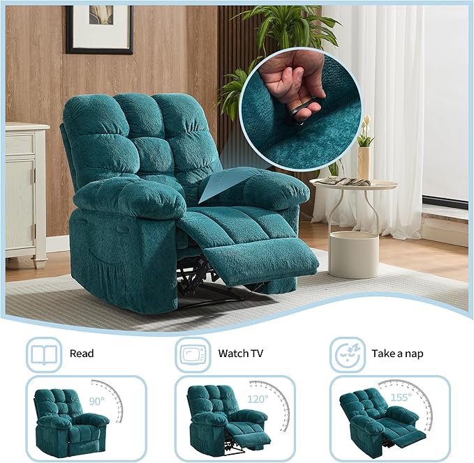 Oversized Rocker Recliner Chair for Adult, Ergonomic Nursery 150° Recliner Chair with Footrest,Extra Wide Manual Recliners,Upholstery Overstuffed Soft Rocking Sofa Chair,Blue