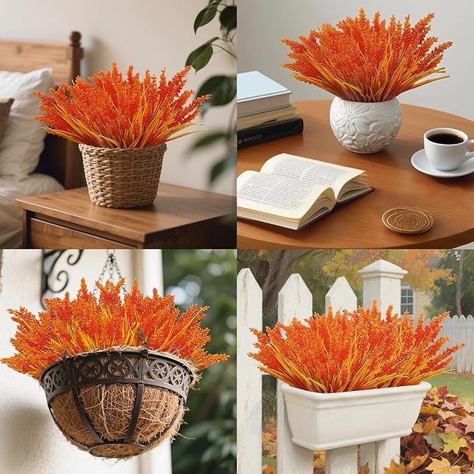 24 Bundles Fall Artificial Flowers for Outdoors, Orange Artificial Lavender Plants, Faux Mums Artificial Flowers, Artificial Mums for Outdoors, Fake Fall Flowers for Porch Planters Decoration (Orange)