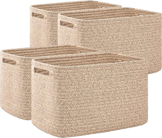 OIAHOMY 4 Pack Storage Baskets for Organizing, Cube Storage Bins for Shelves, Rectangle Storage Baskets With Handles, Woven Baskets for Storage, 12.7''Lx9''Wx7.8''H, Brown