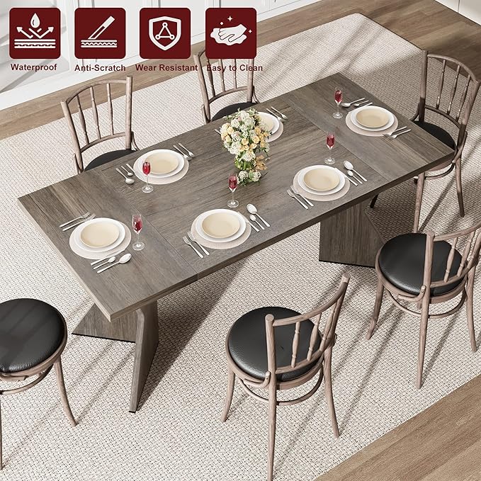 70.9'' Dining Table for 6, Farmhouse Rectangular Kichen Table with Sturdy Frame and “V” Leg, Wooden Thickened Long Desk and Dinner Desk for Dining Room, Kitchen, Office, Game Room(Grey)