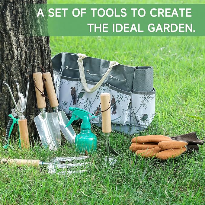 9-Piece Gardening Tools Set - Complete Gardening Kit with Heavy-Duty Stainless Hand Tools, Durable Storage Bag with Garden Accessories, Ideal Gardening Gifts for Women, Men, Gardeners