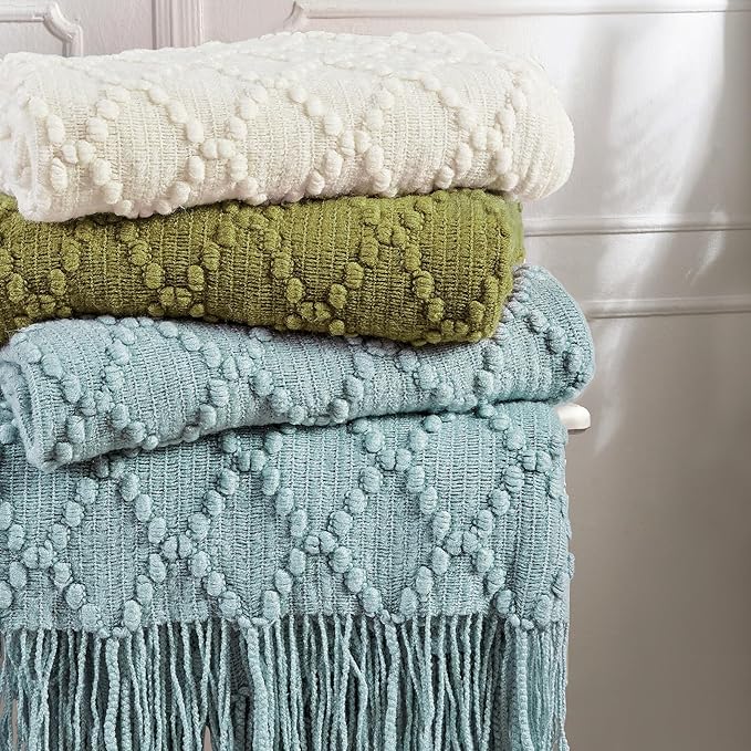 BOURINA Olive Throw Blanket 50 x70 Inches Jacquard Argyle Throw Textured Solid Soft Throws and Blankets for Sofa or Bed Knitted Decorative Blanket