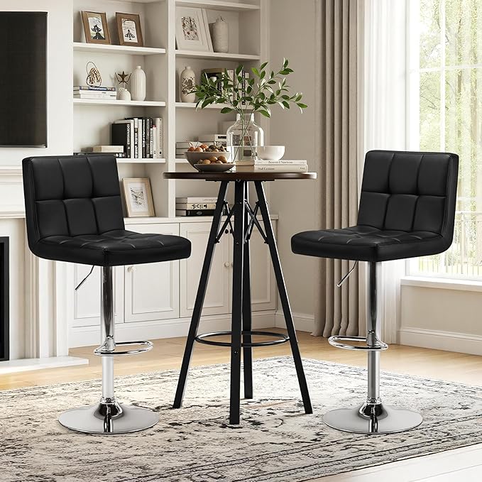 Yaheetech Bar Stools Set of 2, Adjustable PU Leather Swivel Barstools, Modern Counter Stools with Back and Footrest, Counter Height Barstools for Bar, Kitchen, Dining Room, Black