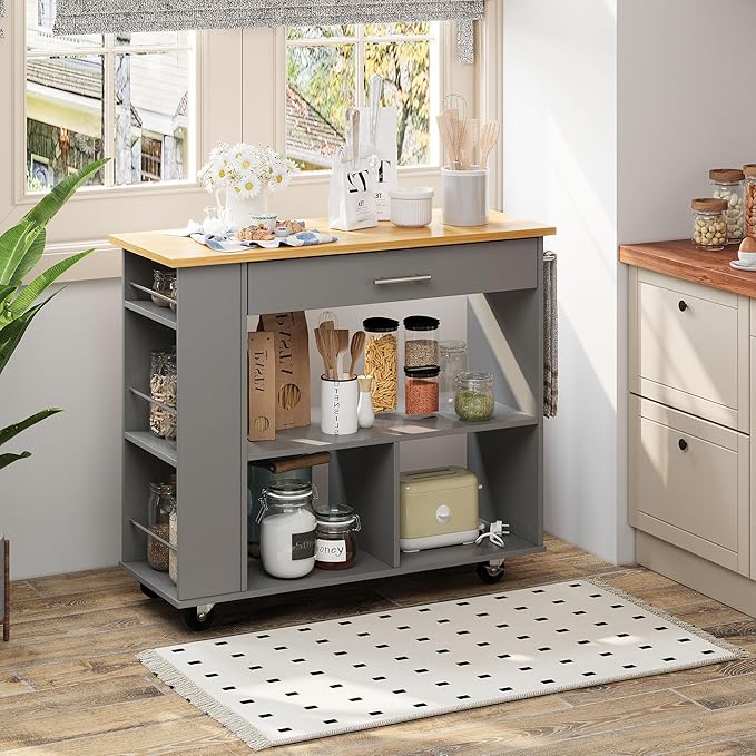 Shintenchi Kitchen Island on Wheels with Storage, Wheeled Island & Cart with 3-Tier Spice Rack, 3 Open Shelves and 1 Drawer, Gray
