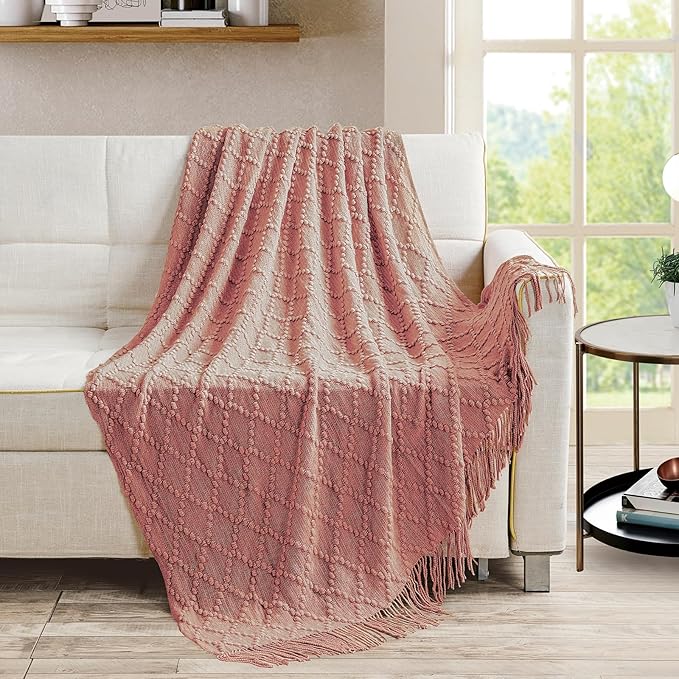BOURINA Coral Pink Throw Blanket 50 x70 Inches Jacquard Argyle Throw Textured Solid Soft Throws and Blankets for Sofa or Bed Knitted Decorative Blanket