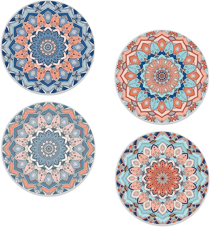 Coasters Set of 4, Mandala Blue Round 4" Ceramic & Cork Coasters, Ideal Home Decor & Gifts