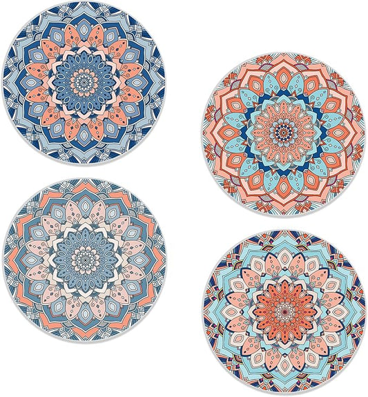 Coasters Set of 4, Mandala Blue Round 4" Ceramic & Cork Coasters, Ideal Home Decor & Gifts