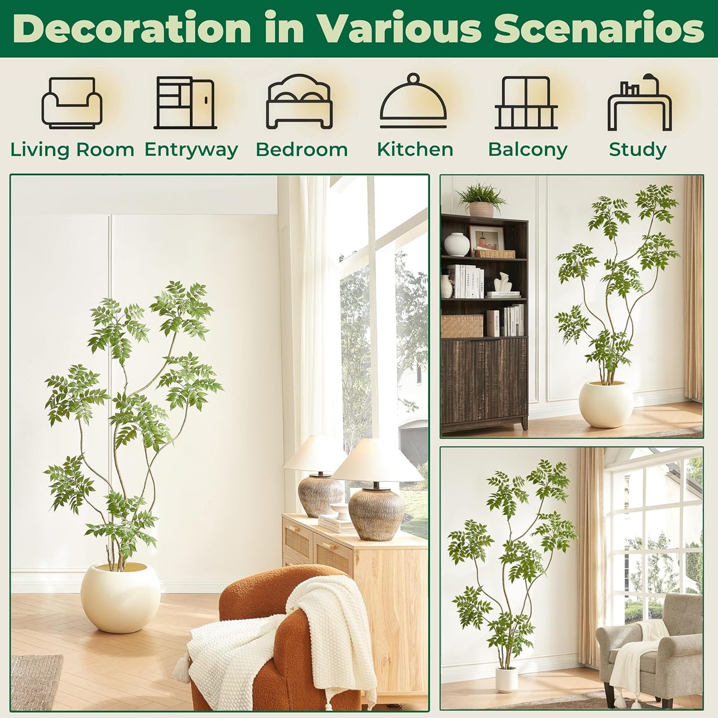 6.5FT Artificial Sumac Tree with White Pot, Tall Faux Plants Indoor, Large Fake Tree with Nearly Natural Silk Plant (Real Touch), for Home, Office, Living Room, Patio, Lobby Decor