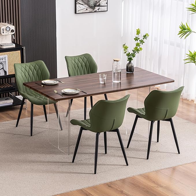 YOUNIKE Dining Chairs Set of 2, Upholstered Faux Leather Kitchen Dining Room Chairs, Modern Living Room Bedroom Side Chairs with Wide Curved Back and Metal Legs, Olive Green