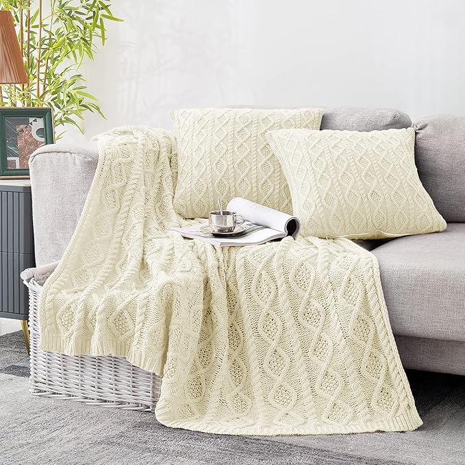 Homiest Cable Knit Throw Blanket & Pillow Set, Cream White Set of 3, Knitted Blanket (50"x60") & 2 Pillow Covers (18"x18"), Soft & Cozy Decorative Set for Couch, Bed, Sofa