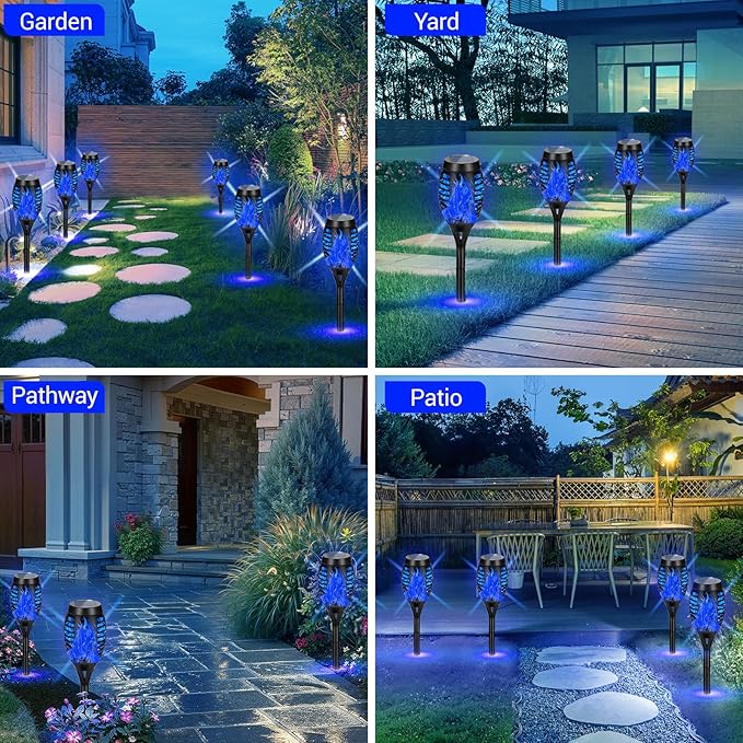 Solar Lights Outdoor, Upgraded 16 Pack Blue Solar Torch Light with Flickering Flame for Garden Decor, Waterproof Outdoor Lights Solar Powered, Tiki Torches for Outside Yard Patio Pathway Decor