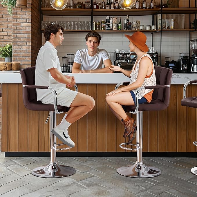 Yaheetech Bart Stools Set of 4, PU Leather Adjustable Barstools with Armrest, Counter Height Stool Chairs with Thickened Seat Cushion for Kitchen Island, Brown