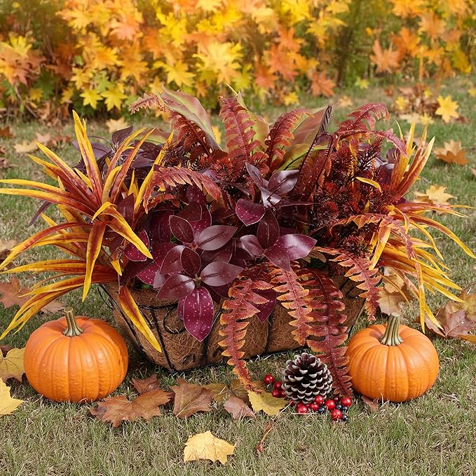 Artificial Fall Plants for Autumn Outdoor Decor Realistic Faux Greenery & Flowers Fake Plastic Leaves with Stems UV Resistant Outside Bushes for Garden Patio and Porch 8Pcs (Fall Color)