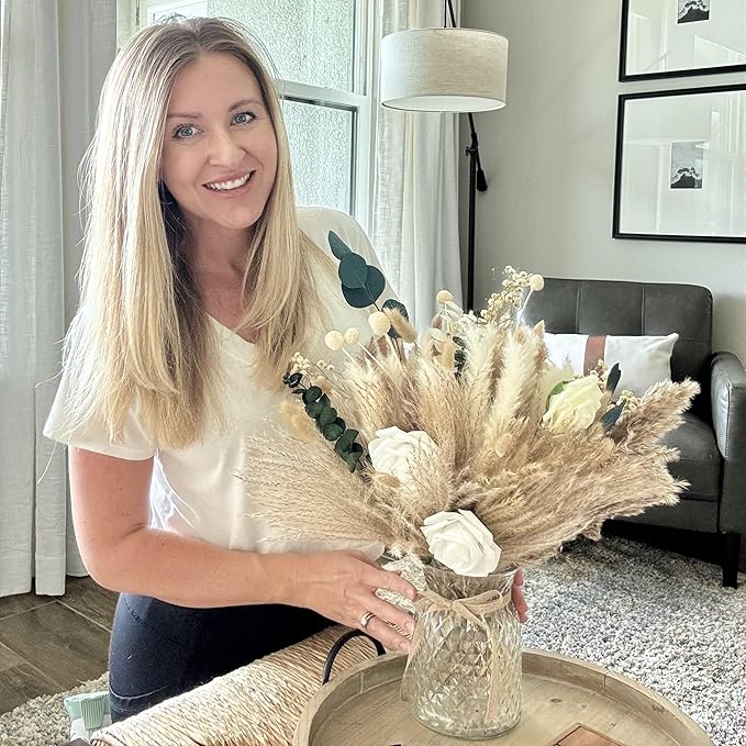 100pcs Artificial Flowers Arrangement With Vase Included, Dining Table Centerpiece Decorations, Fake Flowers in Vase, Dried Pampas Grass Floral Centerpieces, Coffee Table Decor, Centro de Mesa