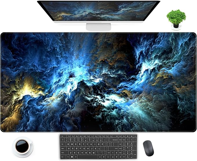 Cool Blue Waves Desk Mat XXL Gaming Mouse Pad, Large Extended Non-Slip Rubber Base Mousepad, Keyboard Mouse Mat, Desk Pad with Stitched Edges 31.5x15.75 in, Desktop Accessories Mat for Women