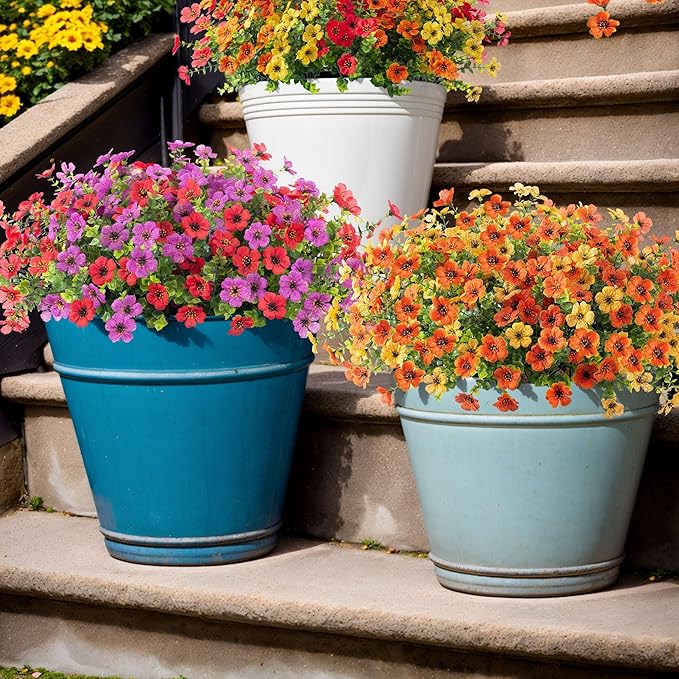 Fall Mums Artificial Flowers for Outdoors Potted, 12 Bundles Fake Fall Daisy Flower with Realistic Eucalyptus Leaves, Fake Plants for Greenery Boxwood Porch Patio Garden Pot Lawn(Yellow Orange)