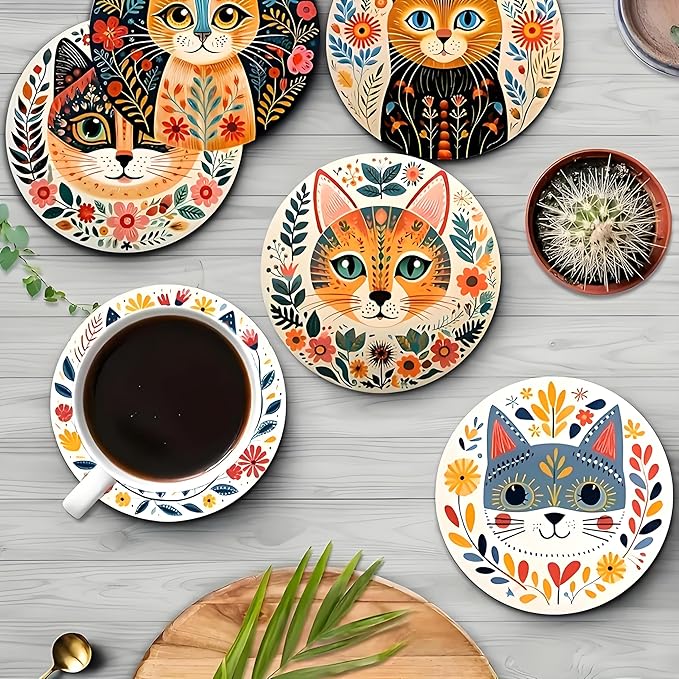 Coasters Set of 6, Wood Coasters for Drinks - Handcrafted Cat Design Thick Heat-Resistant for Beer, Coffee, Office, Bar, Farmhouse Home Decor, Tabletop Protection, for All Cups