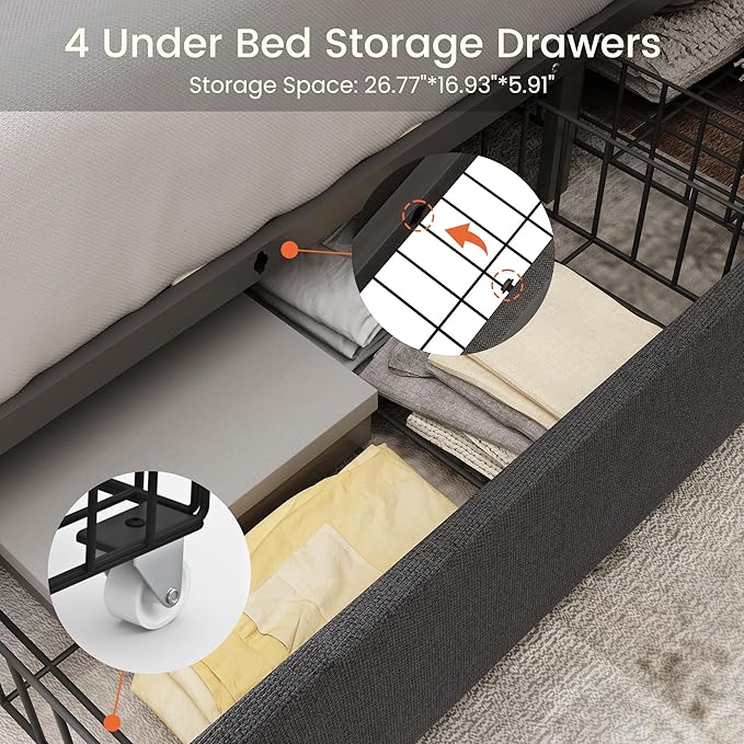 LARMACE Queen Size Bed Frame with 4 Storage Drawers and Tufted Headboard Linen Upholstered Platform Bed Frame with Heavy Duty Wood Slats, No Box Spring Needed, Easy Assembly, Grey