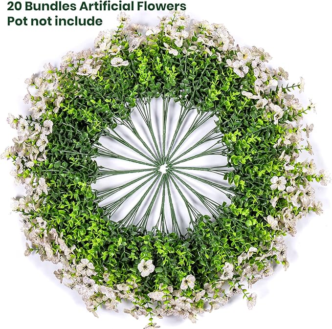 20 Bundles Artificial Flowers for Outdoor Fake Plants for Spring Decoration,Faux Eucalyptus Flowers for Planter UV Resistant Lifelike for Home Porch Garden（White）